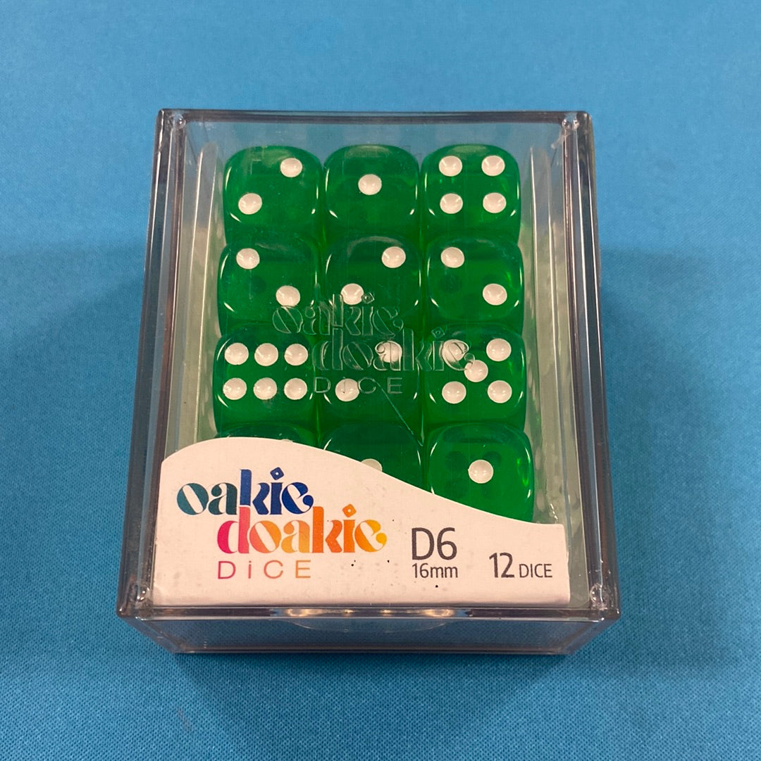 Oakie Doakie Dice - D6 16mm - 12 Dice Translucent, Green