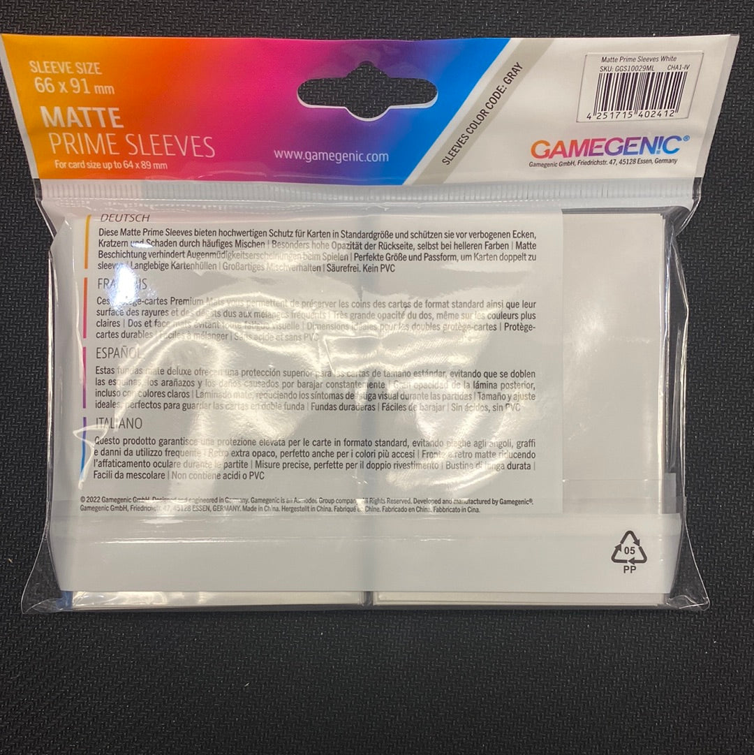 White - GameGenic Matte Prime Sleeves - 100 Sleeves Standard Size 66 X 91 mm