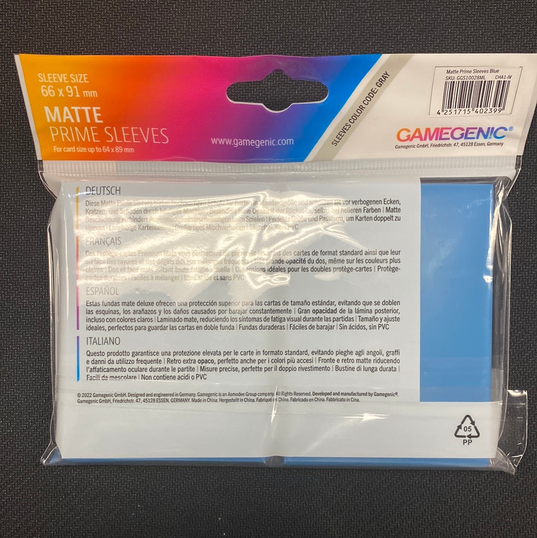 Blue - GameGenic Matte Prime Sleeves - 100 Sleeves Standard Size 66 X 91 mm